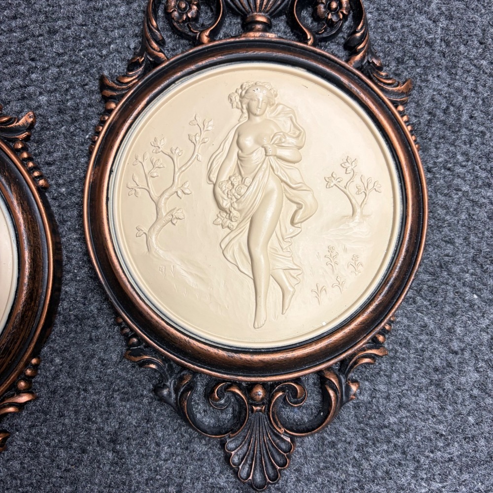 Vintage Dart Industries Plastic Ornate Wall Plaques Pair Goddess Relief Bronze - Picture 3 of 10